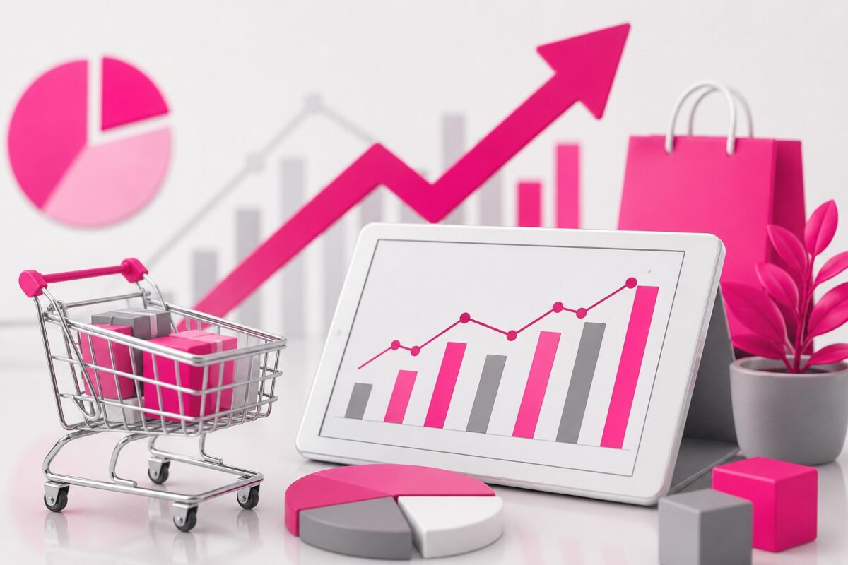 E-commerce growth analytics with shopping cart and sales chart