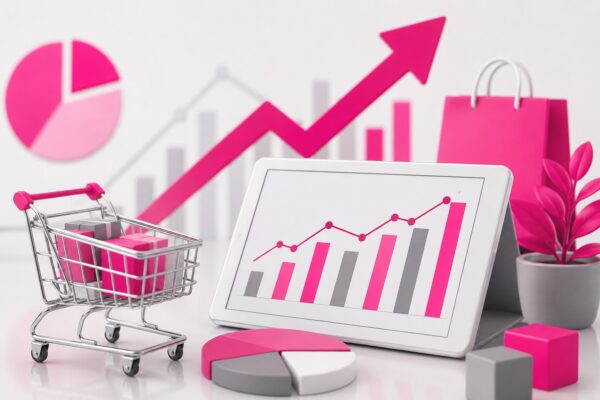 E-commerce growth analytics with shopping cart and sales chart