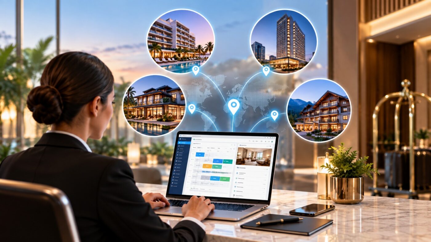 Hotel management software dashboard connecting and managing multiple hotel properties from one platform