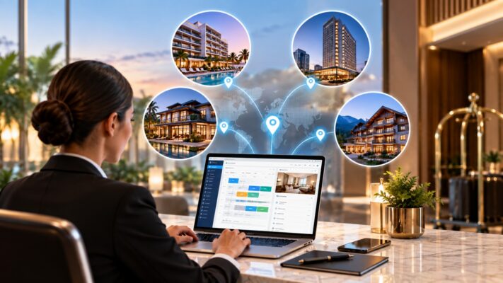 Hotel management software dashboard connecting and managing multiple hotel properties from one platform